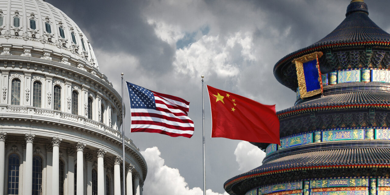 US and Chinese national symbols: The Capitol in Washington DC and Temple of Heaven in Beijing with national flags